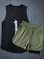 Men's Letter Print Tank Top & Drawstring Shorts Set