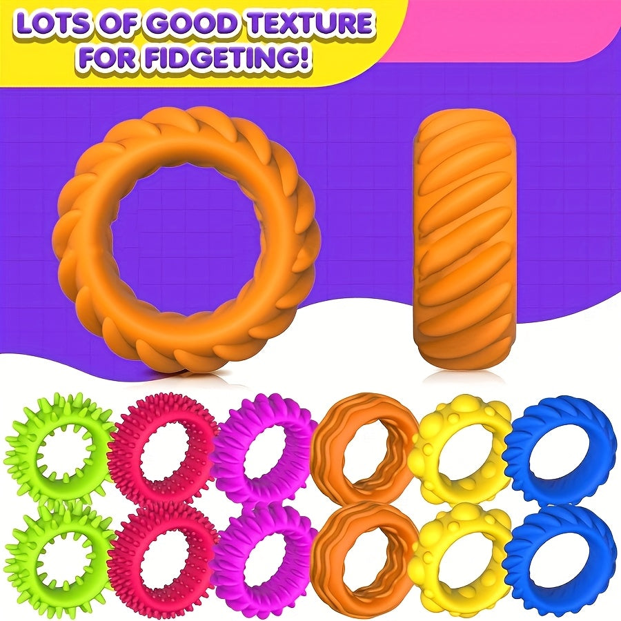 Colorful Spiky Sensory Finger Fidget Rings for Restless Hands - Set of 24