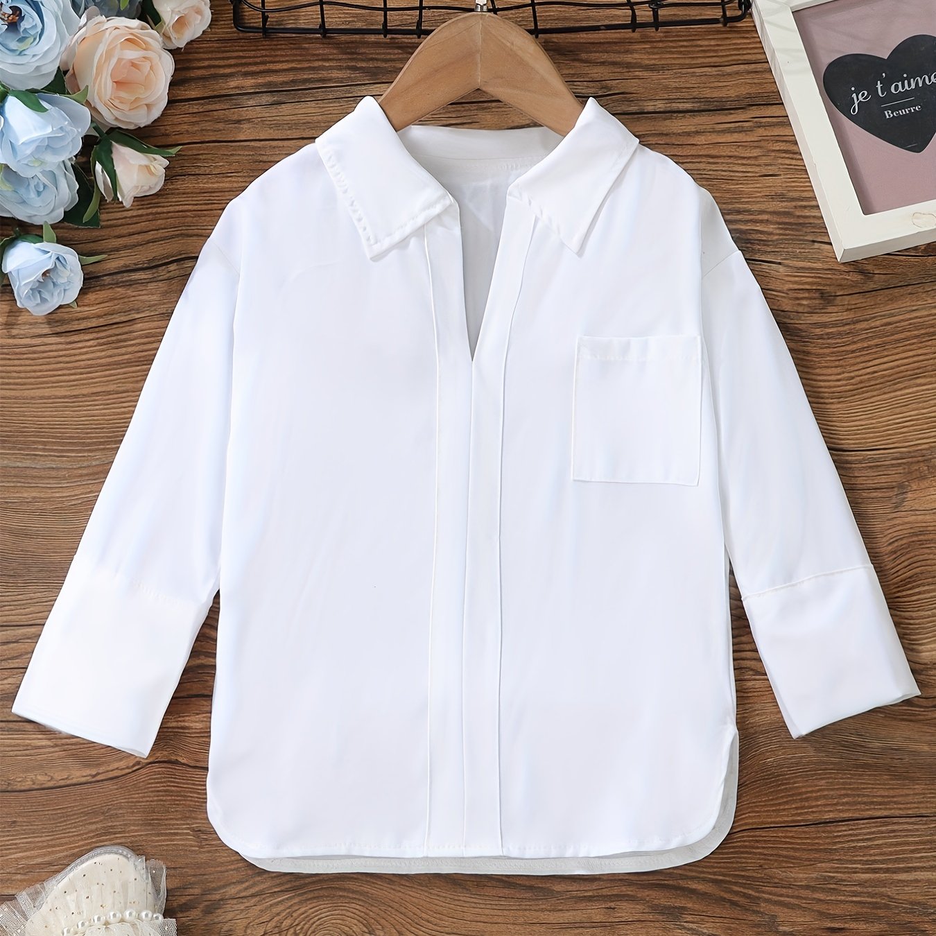 Girls Varsity Shirt Collar V Neck Solid Color with Pocket