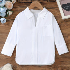 Girls Varsity Shirt Collar V Neck Solid Color with Pocket