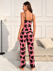 Heart Print Pajama Set Lace Trim V Neck Cami Top & Pants