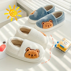 Cartoon Bear Print Slippers Round Toe Low Fluffy Warm Shoes