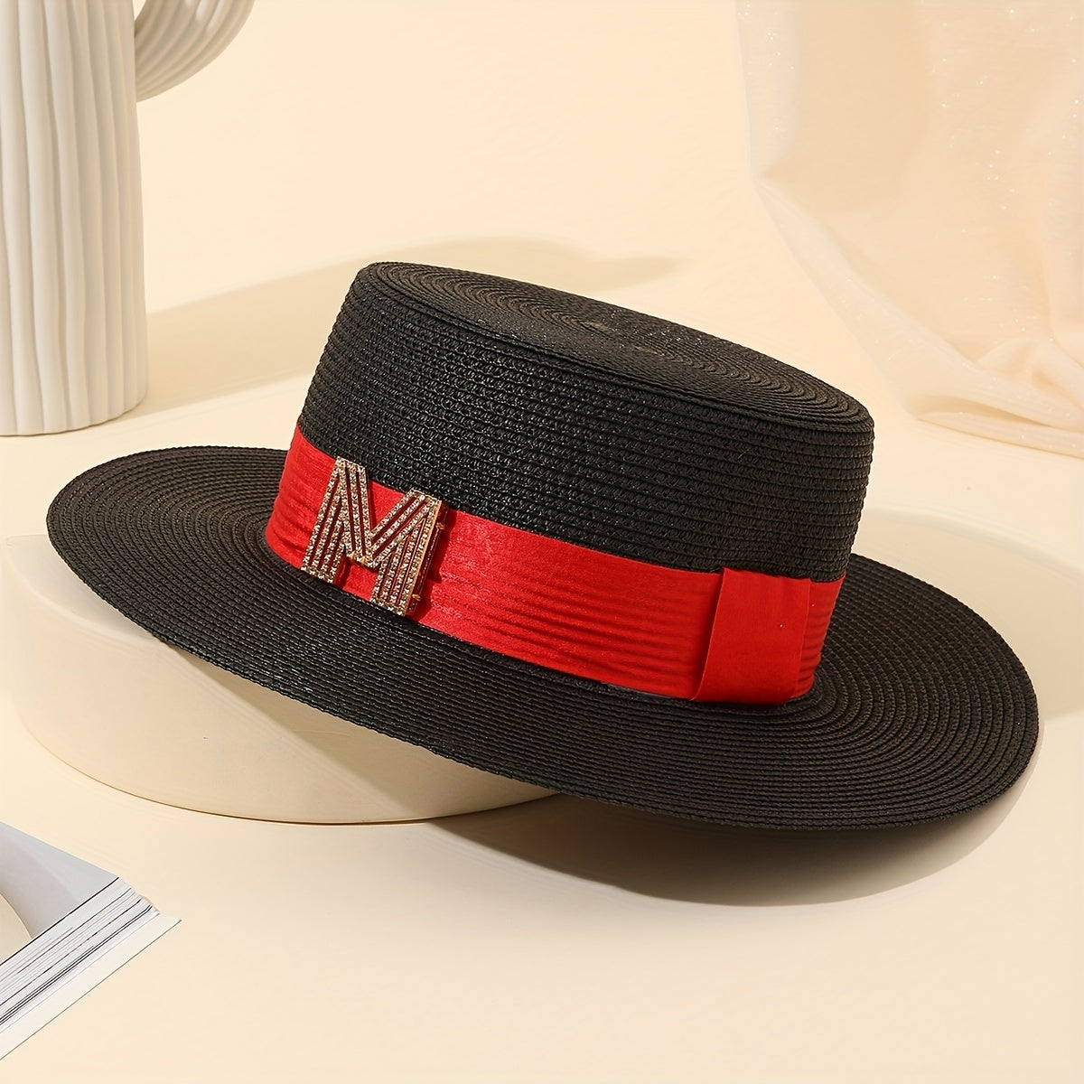 Rhinestone M Label Sun Hat Classic Straw Jazz Hats Foldable Summer Travel Beach