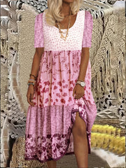 Casual Colorblock Floral Print Short Sleeve Round Neck Dress