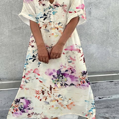 Women's Floral Print V Neck Dress Short Sleeve Casual Stretch