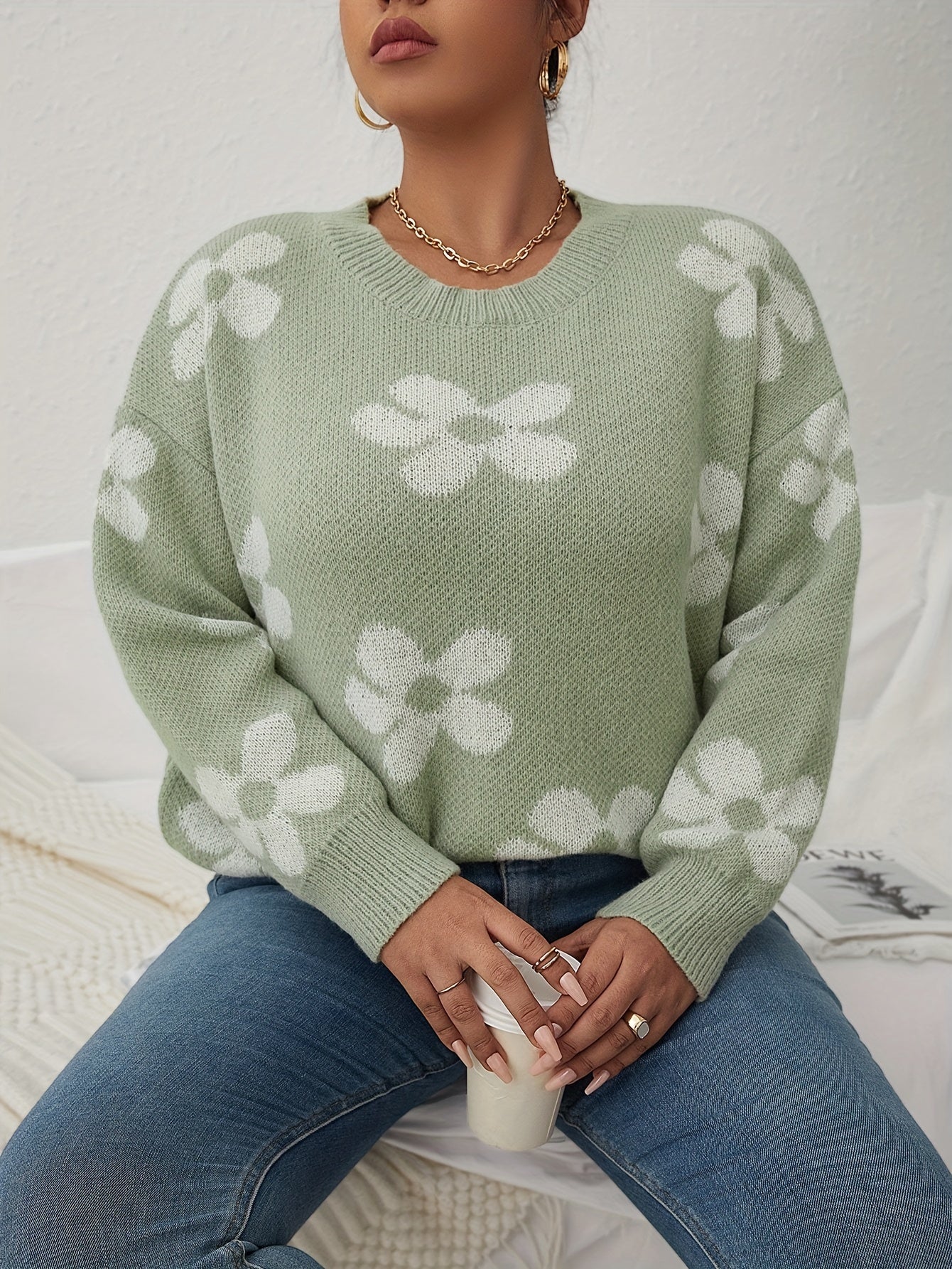 Floral Pattern Sweater Long Sleeve Round Neck Pullover
