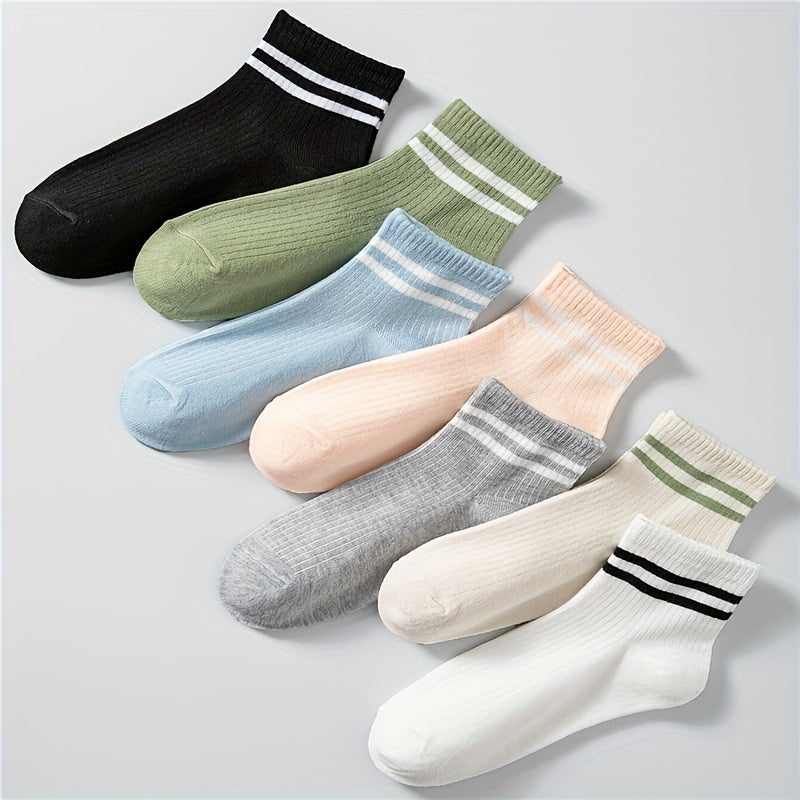 7 Pairs Striped Crew Socks Breathable College Style Women's Stockings