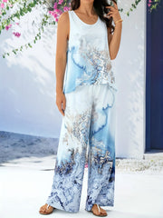 Marble Print 2pc Set Sleeveless Top & Wide Leg Pants Womens Outfit