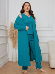 3 Piece Lounge Set Solid Long Sleeve Robe & V Neck Tank