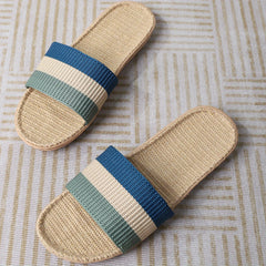 Colorblock Knit Sandals Slip On Open Toe Flat Linen Sole Non slip Slides