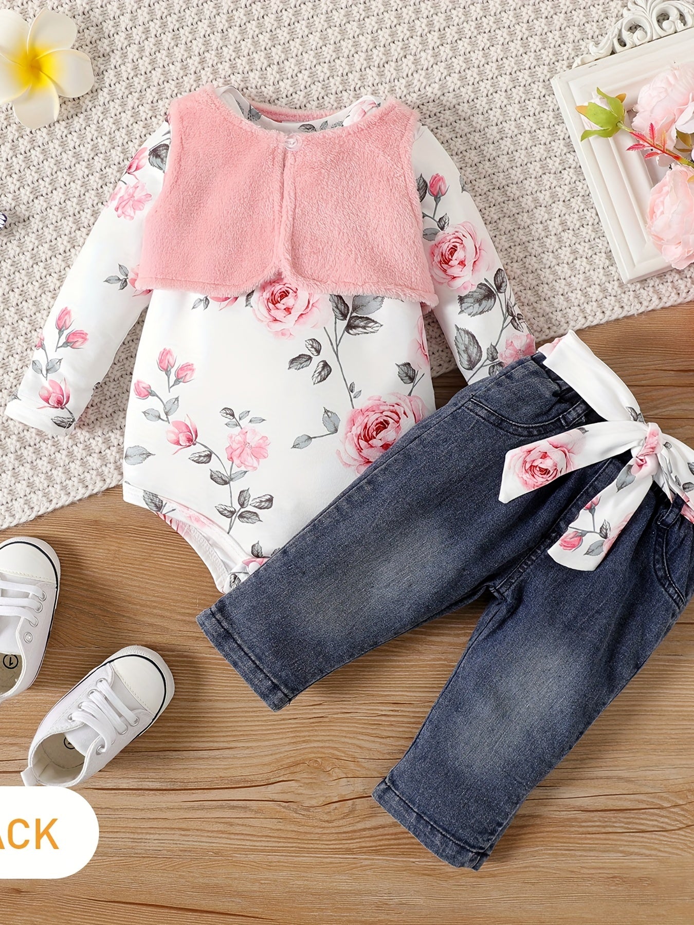 Infant Newborn Baby Girls Floral Romper Jeans Pants Fleece Vest Summer Outfit
