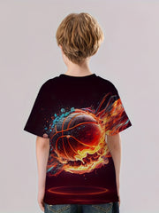 Kids Block Flame Basketball 3D Print Casual Short Sleeve T-shirt