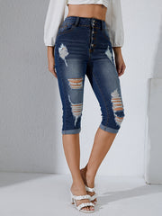 Ripped Holes Skinny Jeans Slim Fit Single Breasted Button Capris