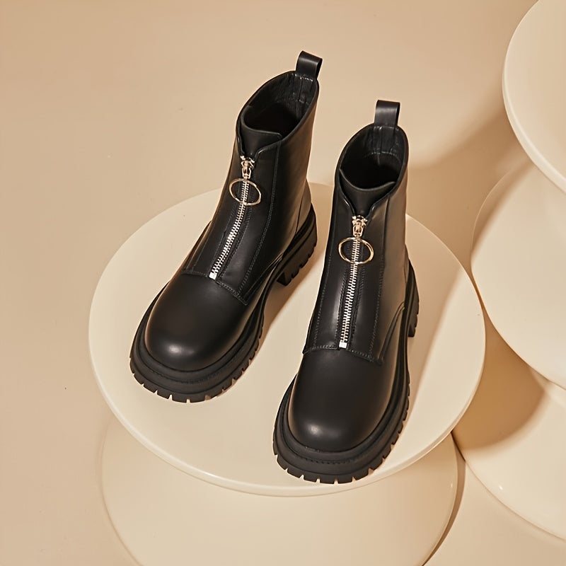 DAPHNE PU Leather Zipper Combat Boots Thick Soled Platform
