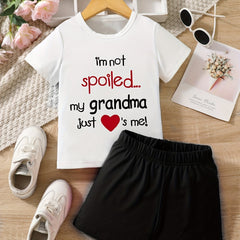 2pcs Girls Clothes Grandma Loves Me Graphic T Shirt Top & Shorts Set