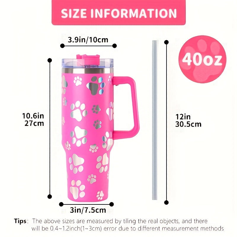 40oz Insulated Cat Paw Print Coffee Mug with Handle and Straw