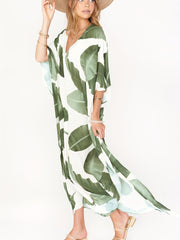 Palm Pattern V Neck Beachdress Loose Kaftan Women's Swimwear
