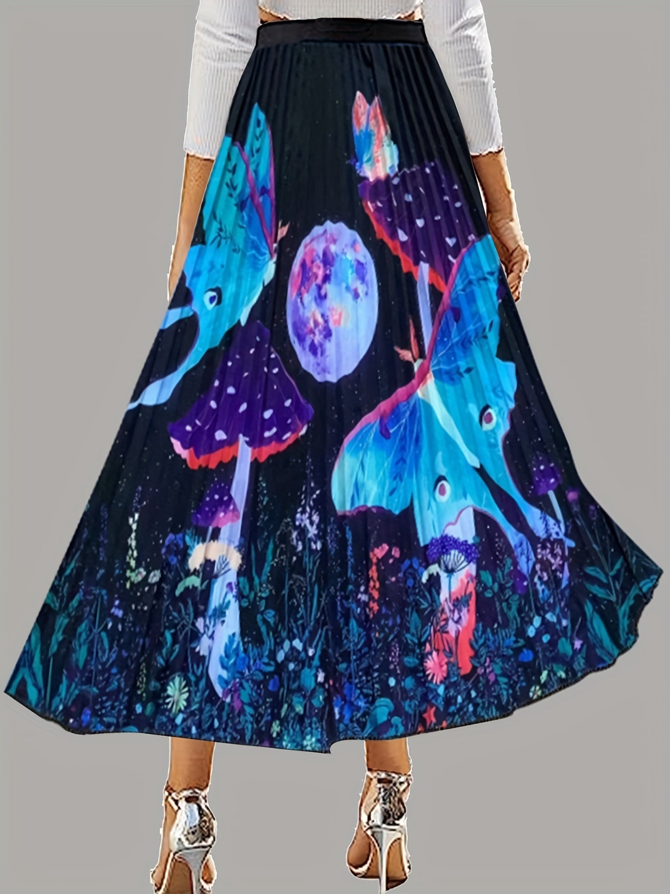 Mushroom & Butterfly Print Pleated Skirt for Spring & Summer