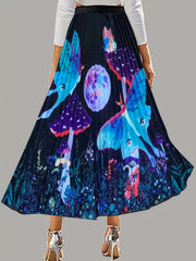 Mushroom & Butterfly Print Pleated Skirt for Spring & Summer