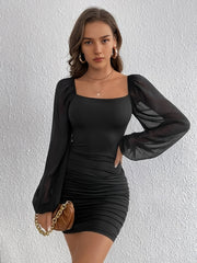 Ruched Bodycon Mini Dress Square Neck Long Sleeve