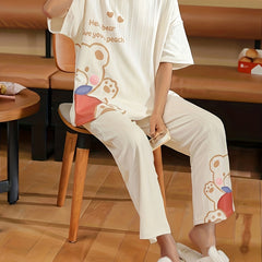 Bear Print Pajama Set Short Sleeve Top & Pants