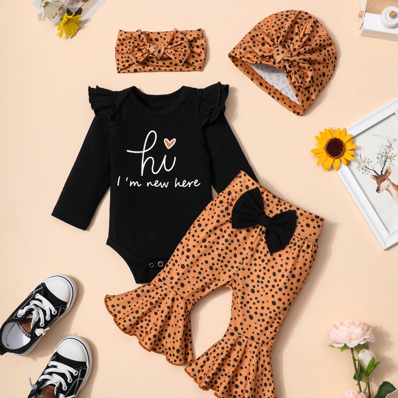 4pcs Newborn Ruffles Romper Bodysuit Pants Headband Hat Set