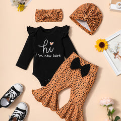 4pcs Newborn Ruffles Romper Bodysuit Pants Headband Hat Set