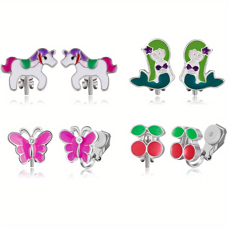 4 Pairs Enamel Ear Clips For Girls Animal Clip Earrings Pack