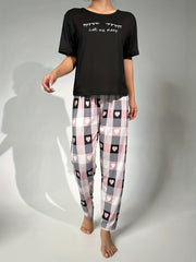 Heart Print Pajama Set Short Sleeve Round Neck Top & Plaid Pants