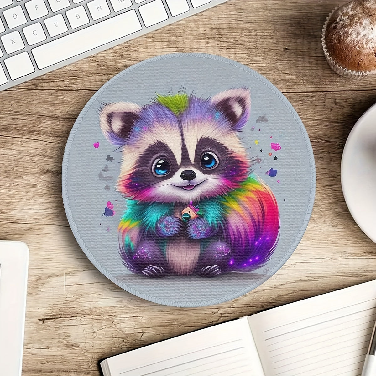 Rainbow Raccoon Mouse Pad Round Non Slip Rubber Base Mousepad