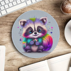 Rainbow Raccoon Mouse Pad Round Non Slip Rubber Base Mousepad