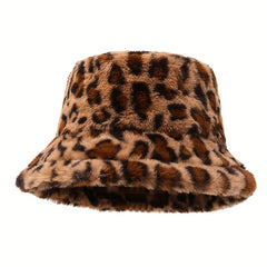 Leopard Print Plush Bucket Hat for Women