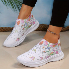 Floral Sneakers with Rhinestone Detail Slip On Low Top Lightweight Running Shoes