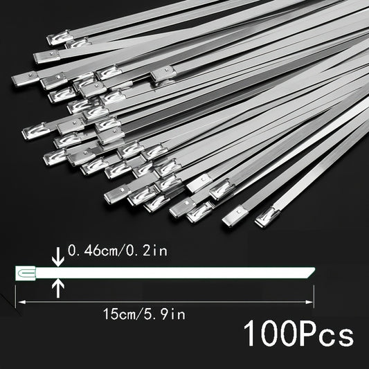 100pcs 304 Stainless Steel Cable Ties Self locking Metal Marine Harness Wire Tie