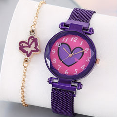 Round Dial Quartz Watch & Butterfly Bangle Set