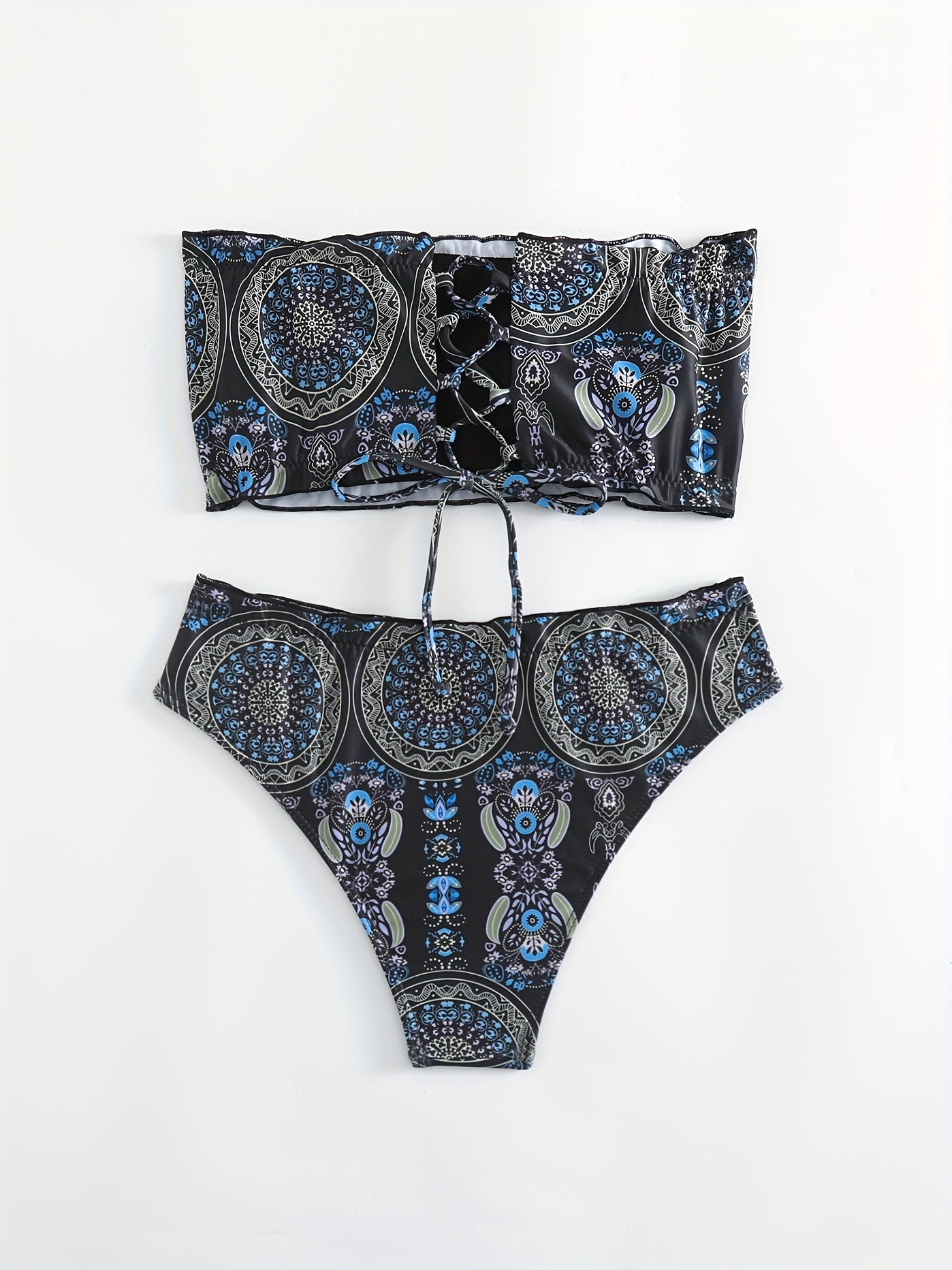 Geometric Pattern Bandeau Bikini 2 Piece Set Tube Top Tie Back