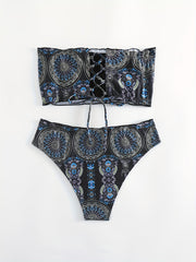 Geometric Pattern Bandeau Bikini 2 Piece Set Tube Top Tie Back