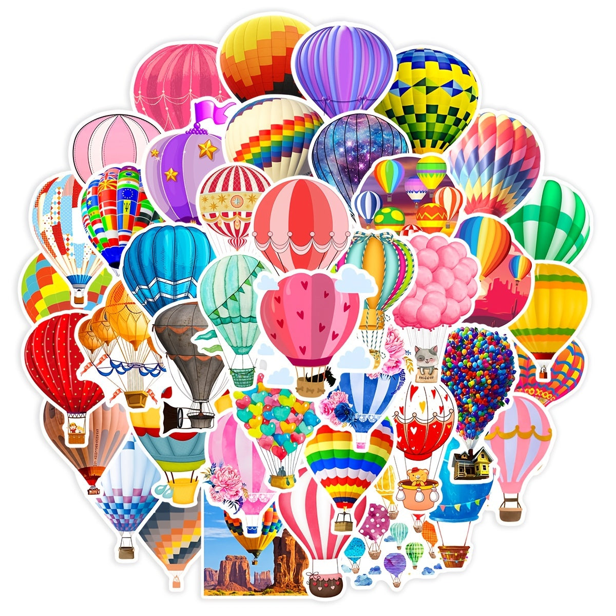 50 Colorful Hot Air Balloon Doodle Stickers for Laptops Water Bottles