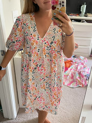 Floral Print V Neck Dress Lantern Sleeve Mini Dress