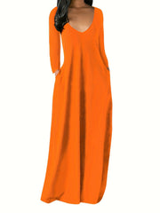 Solid Long Sleeve V Neck Maxi Dress