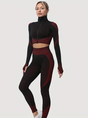 Yoga Crop Top & Leggings Set, Long Sleeve Zipper Workout, High Waist