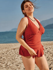 Women's Plus Solid Ruffle Trim Halter Neck One Piece Swimsuit