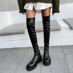 Women's Thigh High Boots Faux Leather Solid Side Zipper Platform Shoes
