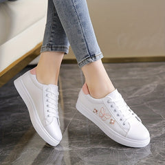Women's Butterfly Flat Skate Shoes Faux Pearl Decor Low Top Sneakers