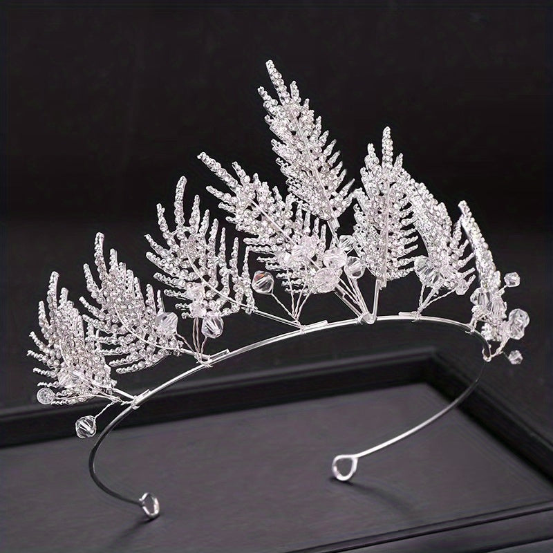 Golden Rhinestones Crown Headband Bridal Tiara Leaf Headpiece