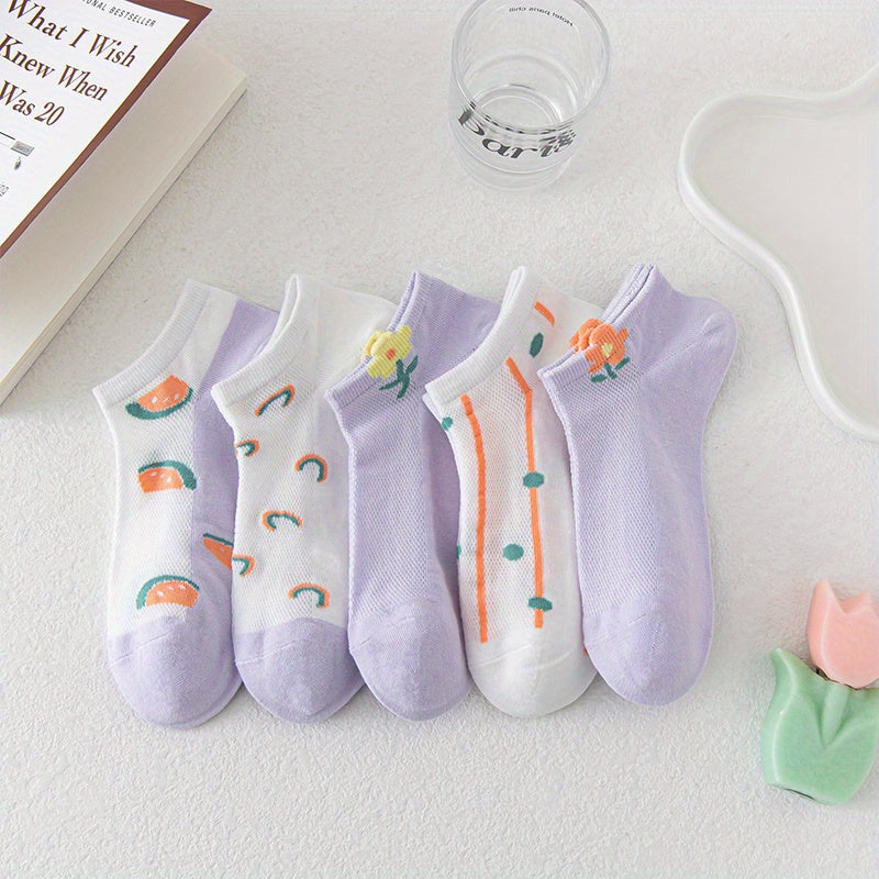 5 Pairs Floral Print Soft & Lightweight Ankle Socks Women's Stockings