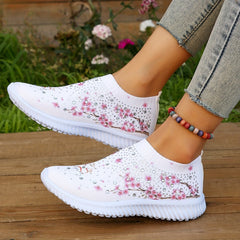 Floral Print Sock Shoes with Rhinestone Decor Low Top Slip On Women's Shoes