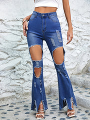 Distressed Flared Jeans Slash Pockets Wide Legs