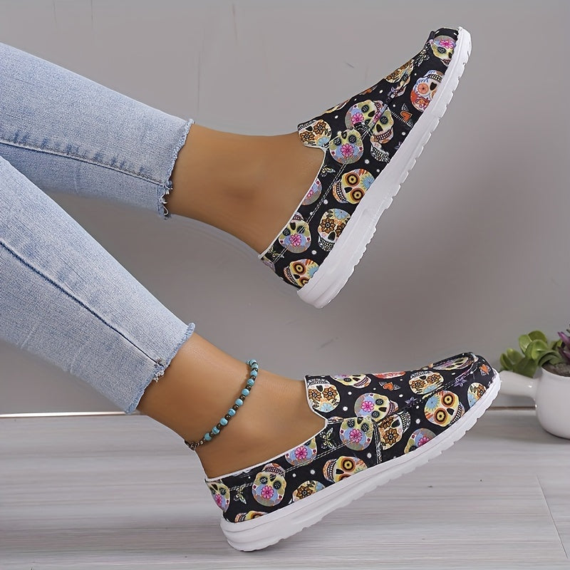 Women's Calavera Pattern Slip-On Shoes Low Non-Slip Flat Halloween Shoes