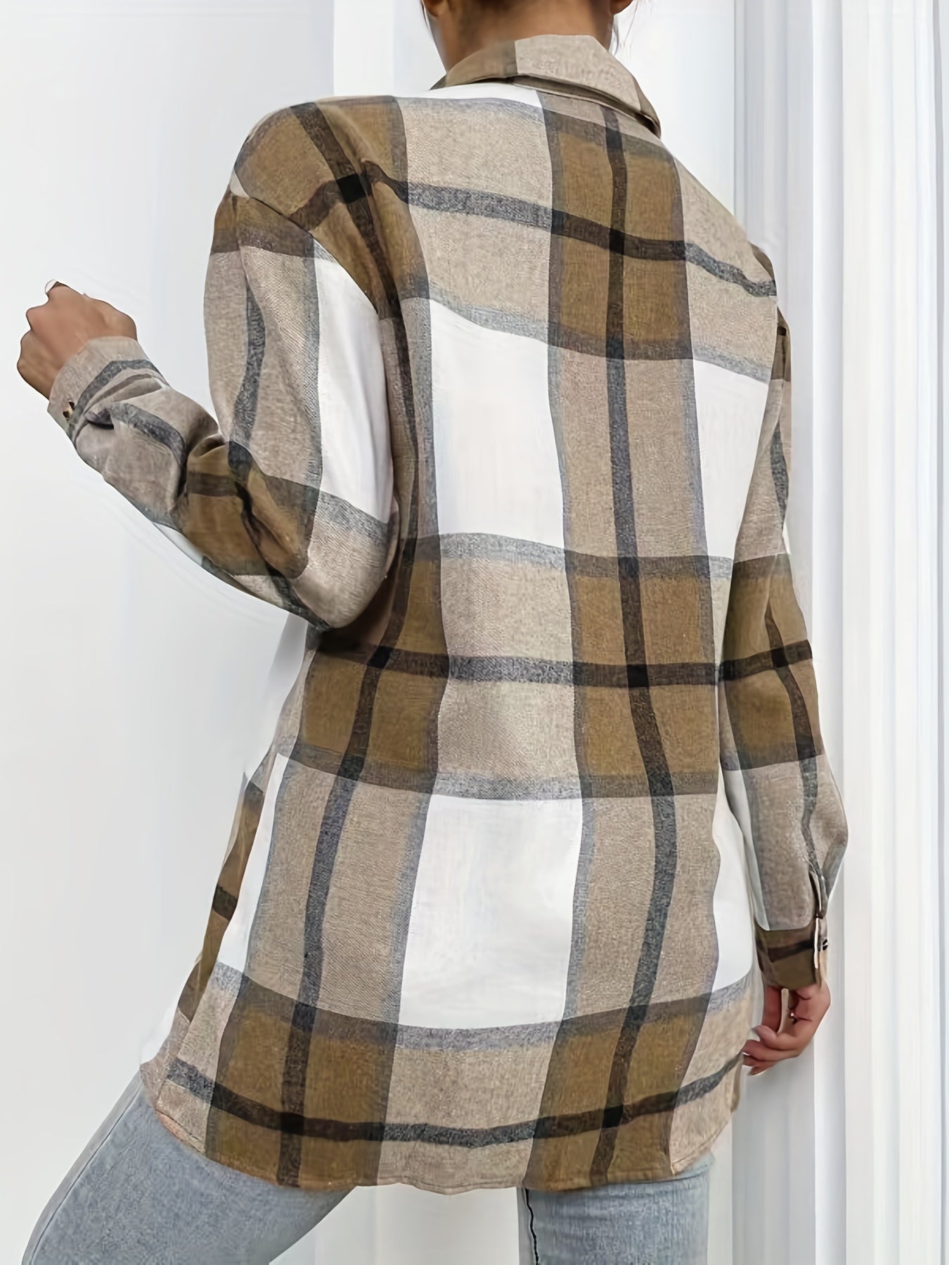 Plaid Print Shacket Jacket Button Front Long Sleeve